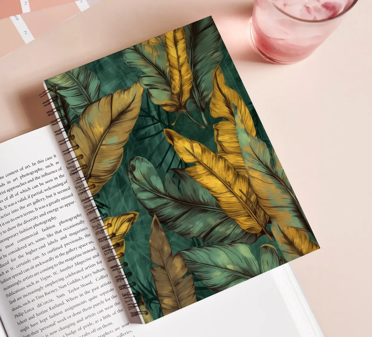 Banana leaves green and yellow spiral notebook by Justyna Jaszke JBJart