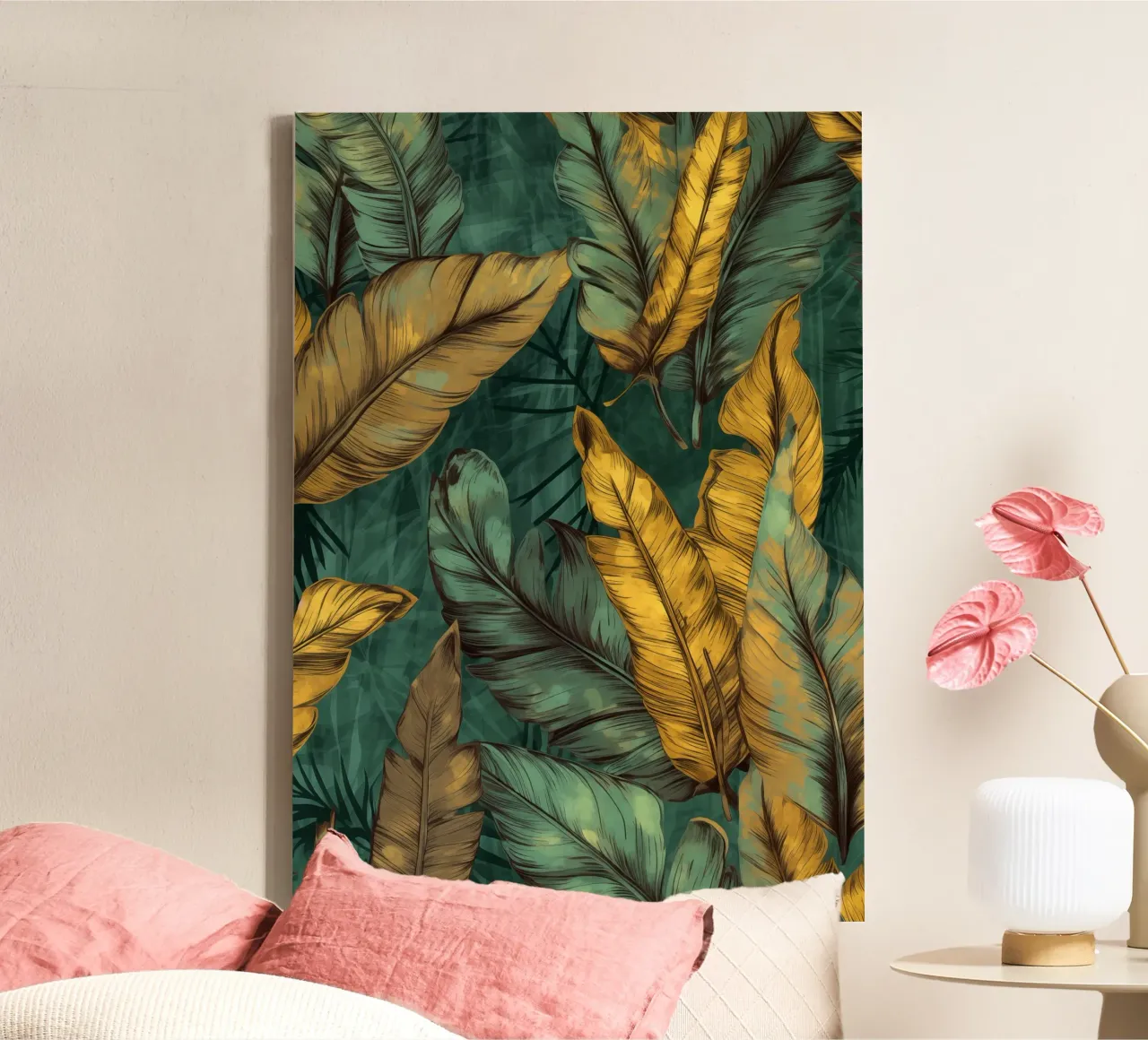 Banana leaves green and yellow canvas by Justyna Jaszke JBJart