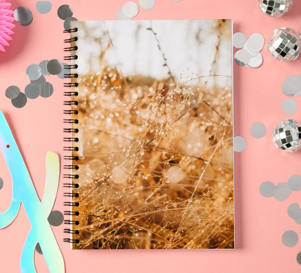 Drops of water on grass in the forest - dew in the morning light spiral notebook by Bold and Retro