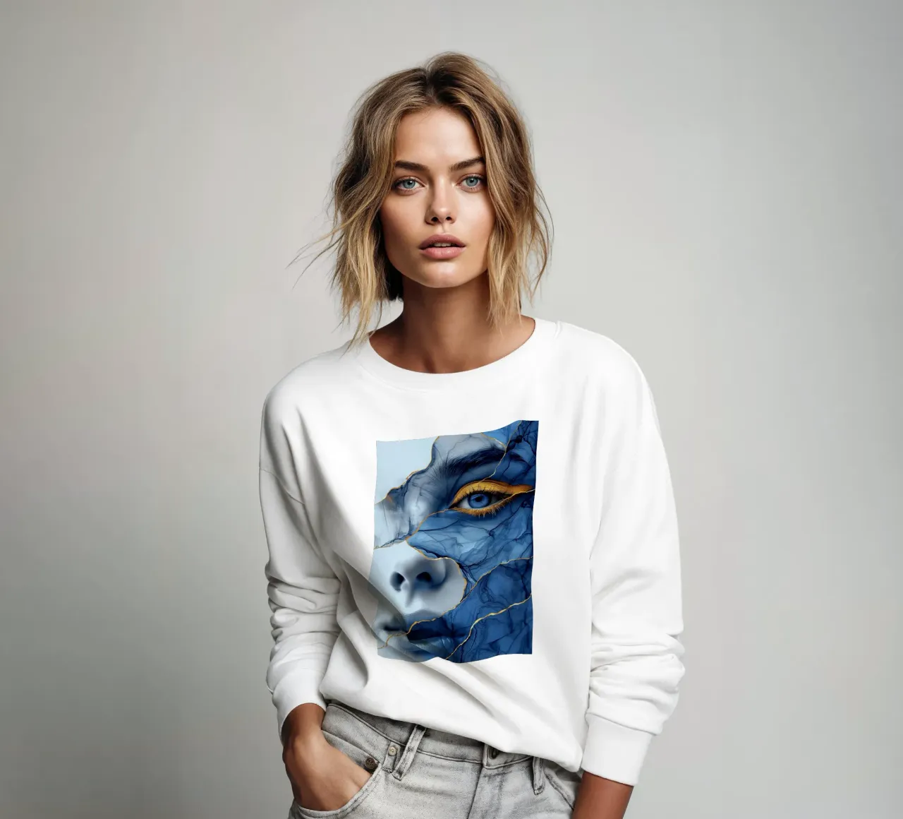 Blue face woman art sweatshirt by Justyna Jaszke JBJart