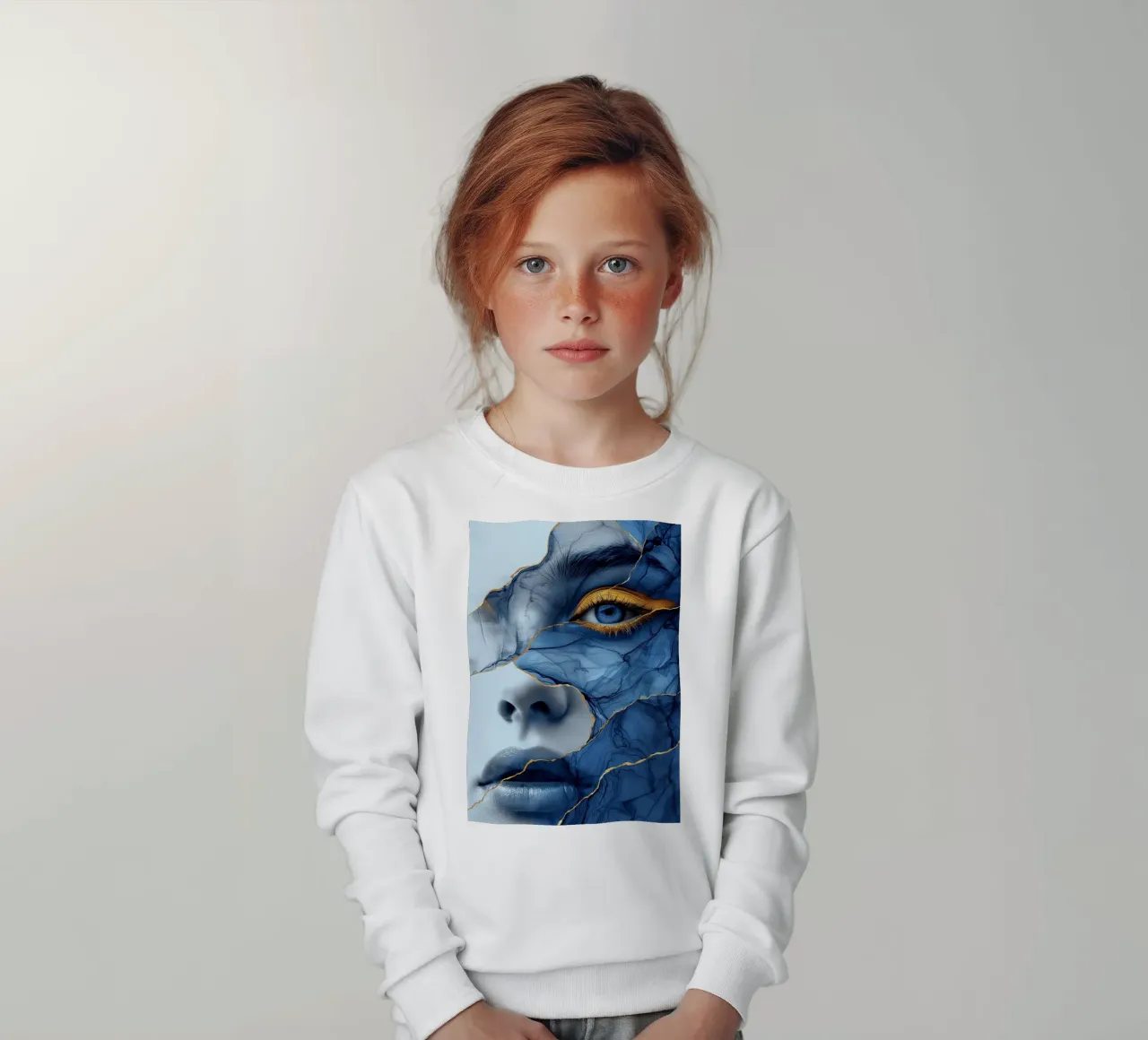 Blue face woman art kids sweatshirt by Justyna Jaszke JBJart