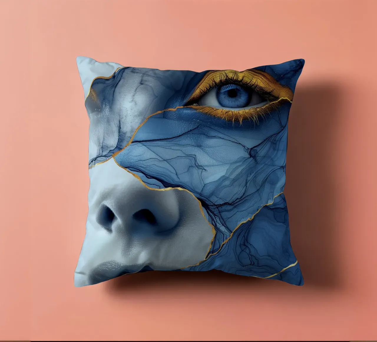 Blue face woman art decorative cushion by Justyna Jaszke JBJart