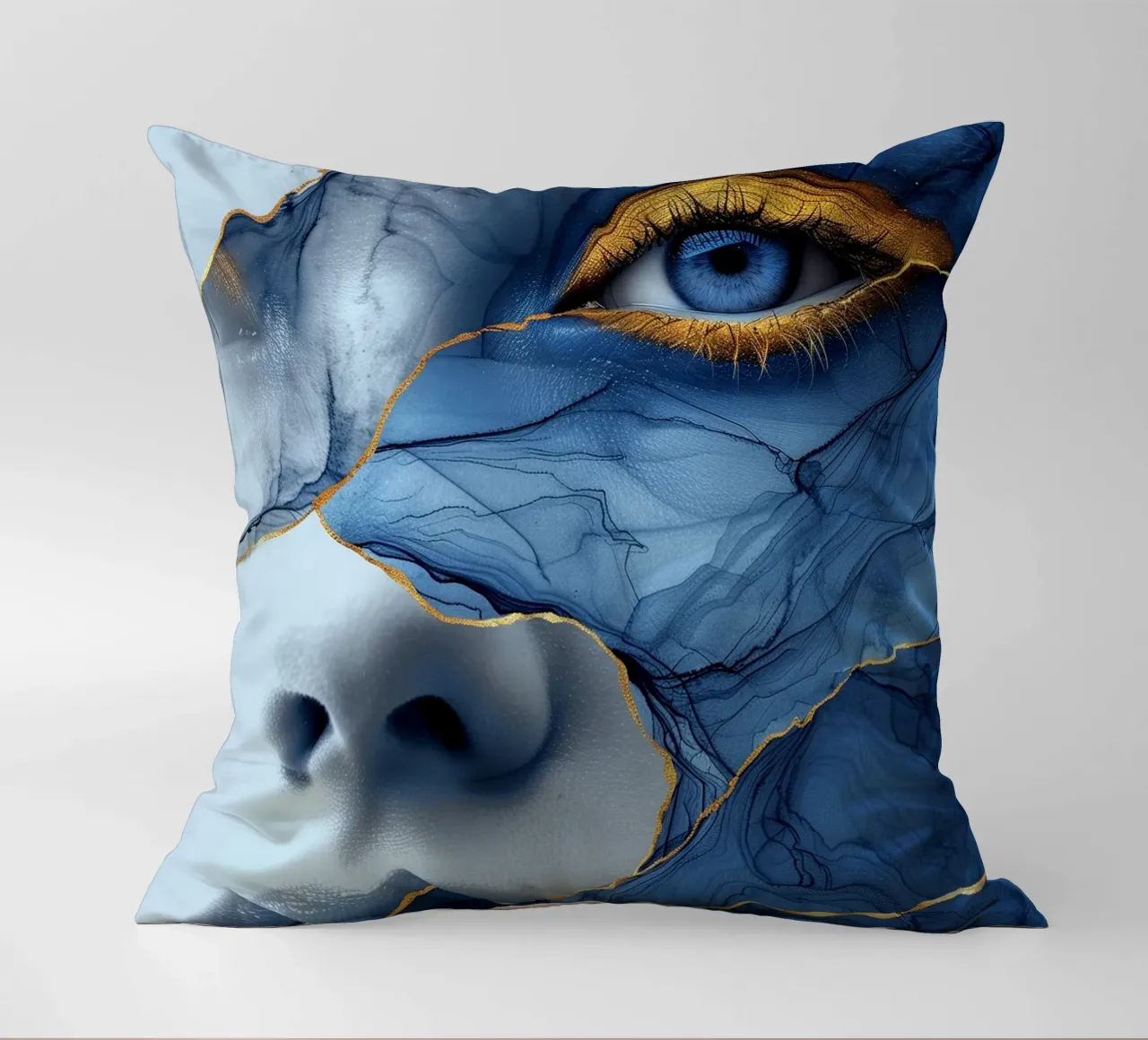 Blue face woman art decorative cushion by Justyna Jaszke JBJart