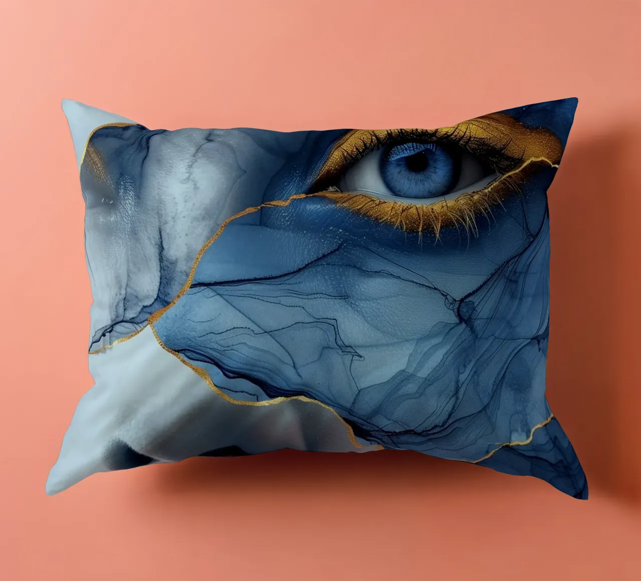 Blue face woman art decorative cushion by Justyna Jaszke JBJart