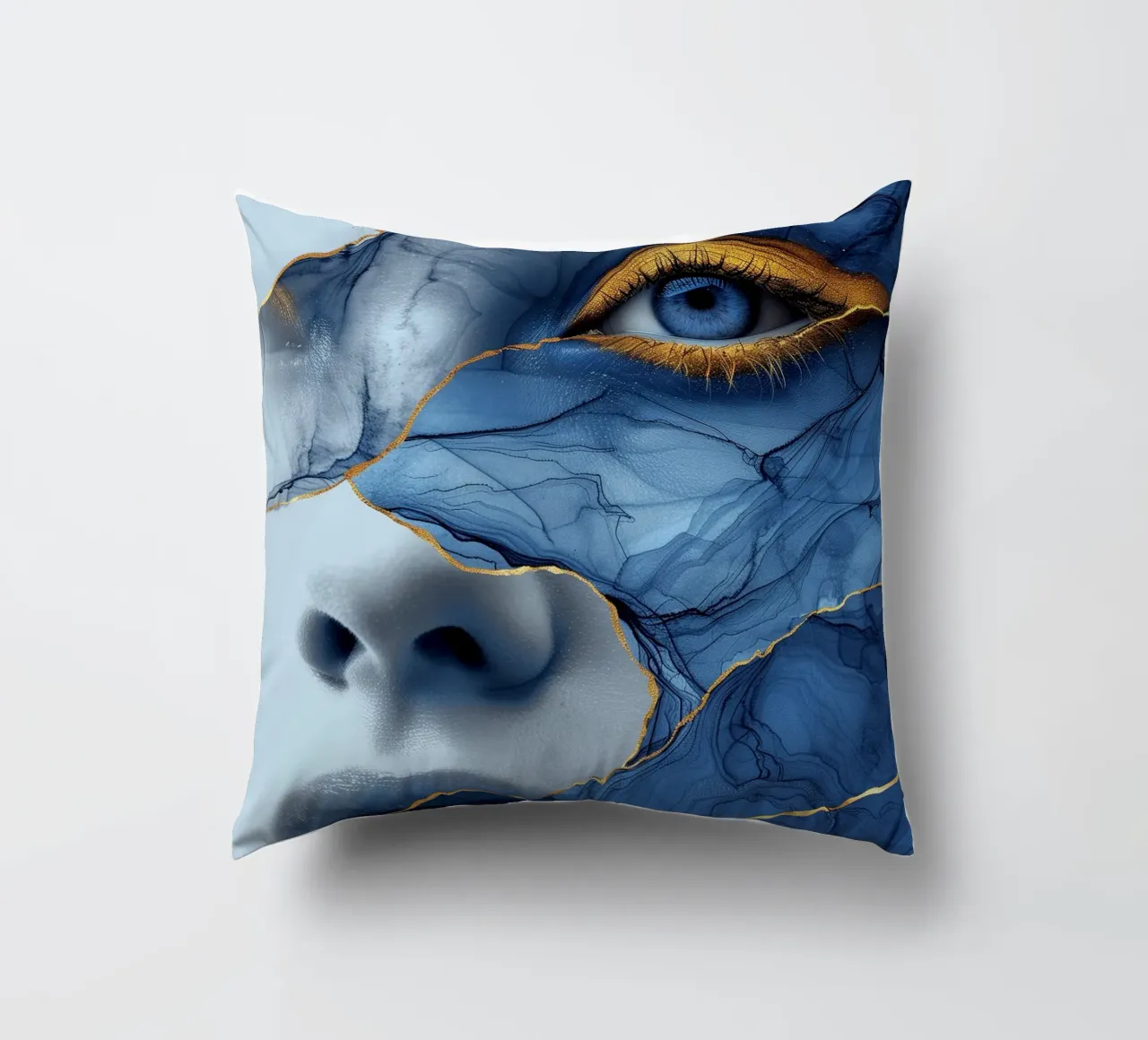 Blue face woman art decorative cushion by Justyna Jaszke JBJart