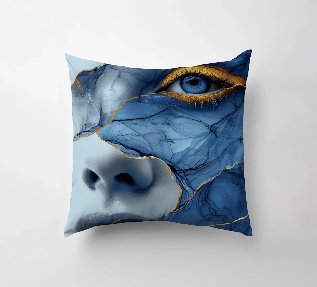 Blue face woman art decorative cushion by Justyna Jaszke JBJart