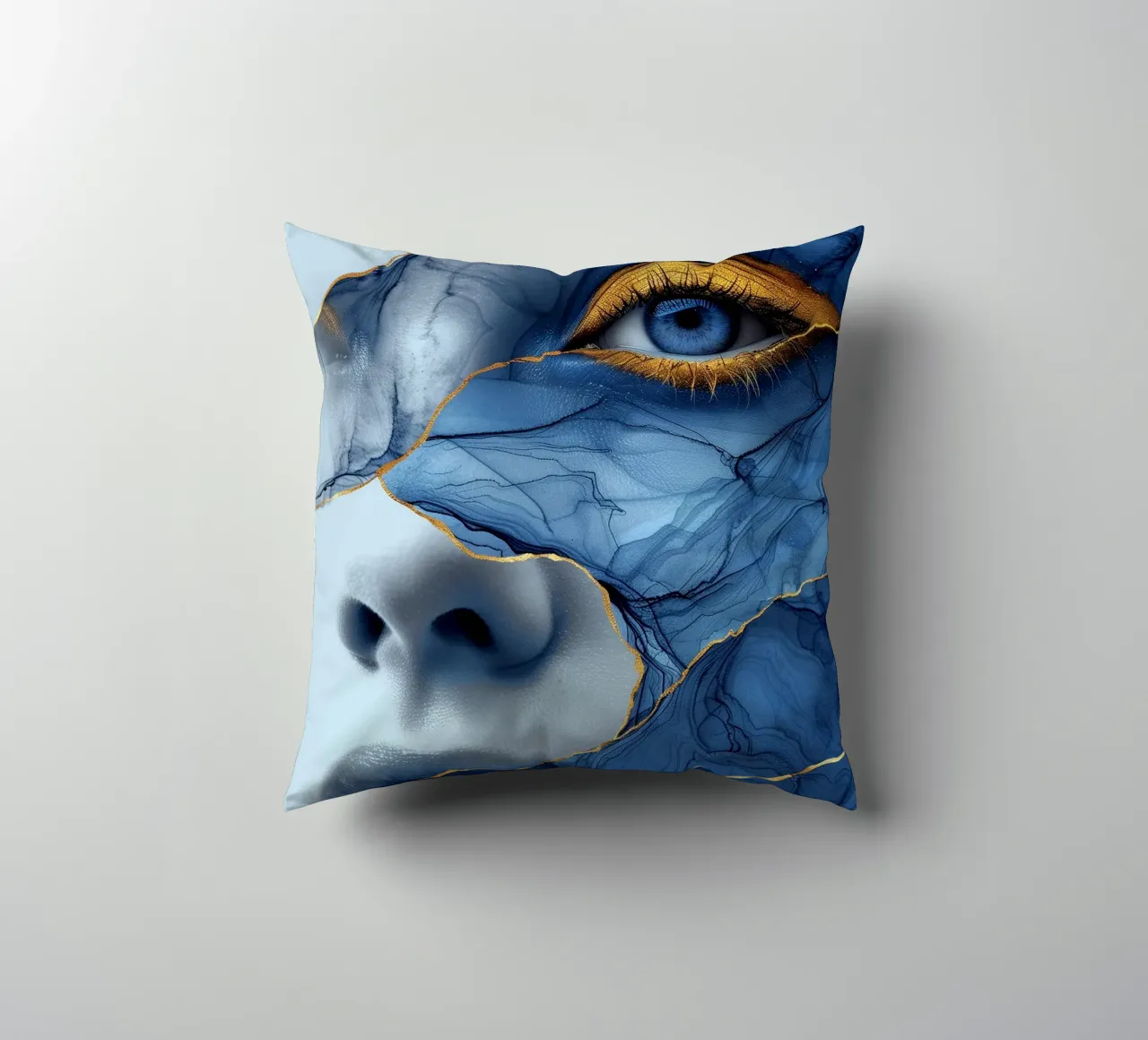 Blue face woman art decorative cushion by Justyna Jaszke JBJart