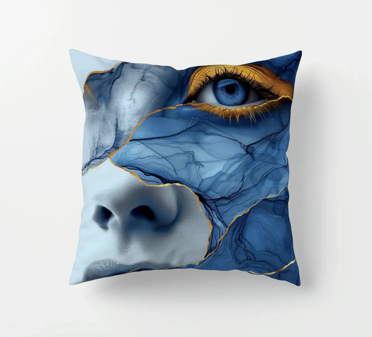 Blue face woman art decorative cushion by Justyna Jaszke JBJart