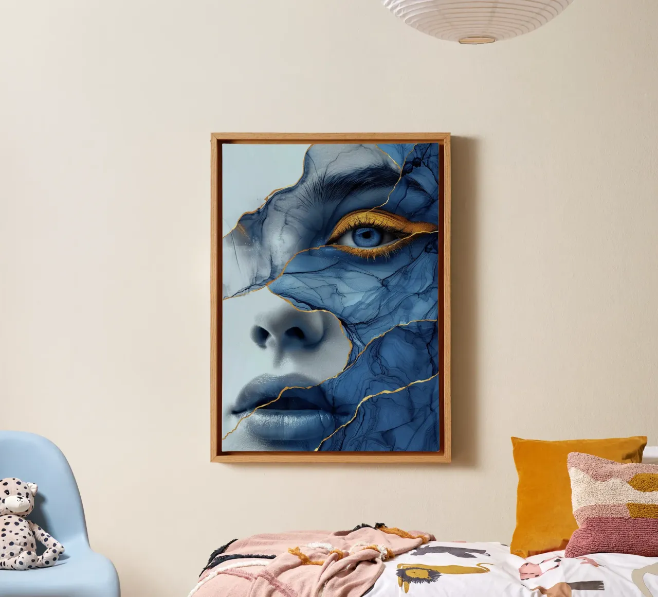 Blauw gezicht vrouw kunst canvas met Baklijst van Justyna Jaszke JBJart