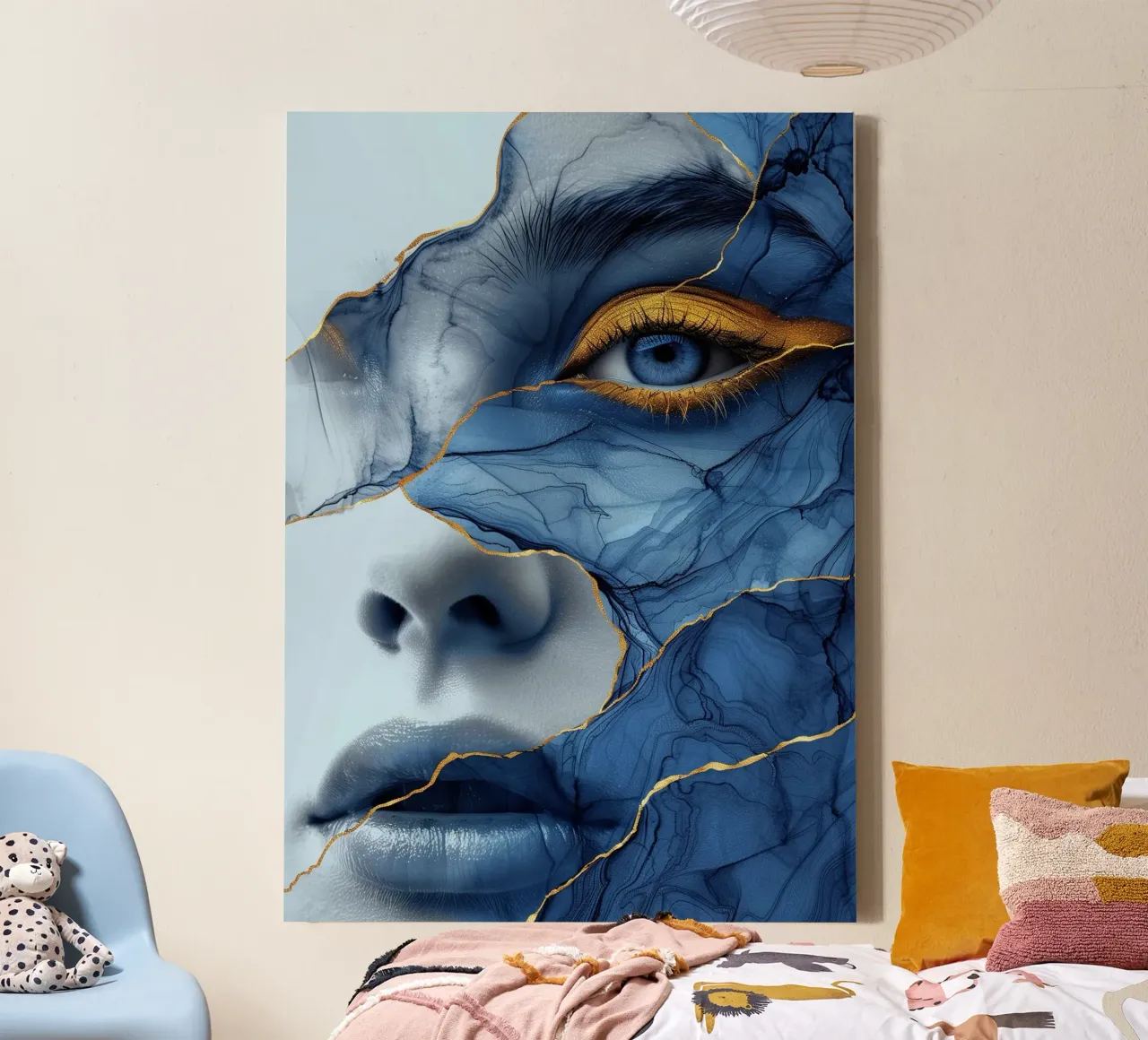 Blauw gezicht vrouw kunst canvas met Baklijst van Justyna Jaszke JBJart