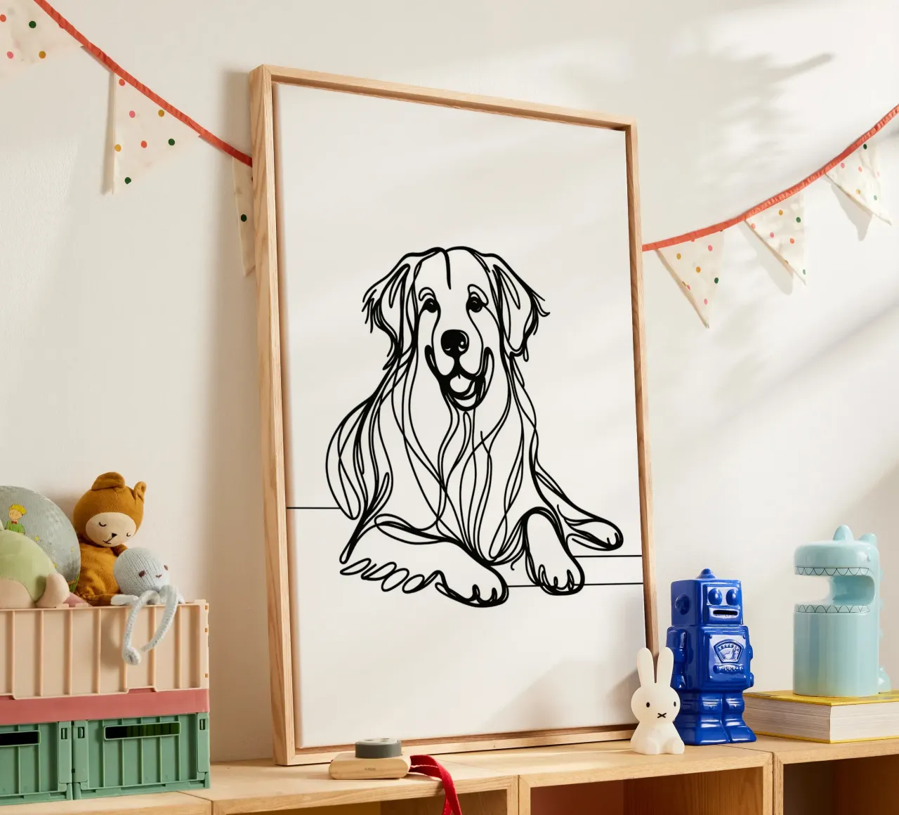 Disegno artistico lineare del cane Golden Retriever tela con Cornice a cassetta da WijdevenDesign