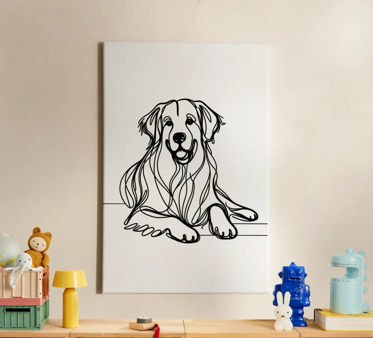 Disegno artistico lineare del cane Golden Retriever tela con Cornice a cassetta da WijdevenDesign