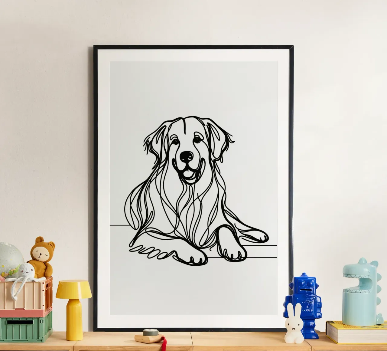 Disegno artistico lineare del cane Golden Retriever poster con telaio in legno da WijdevenDesign