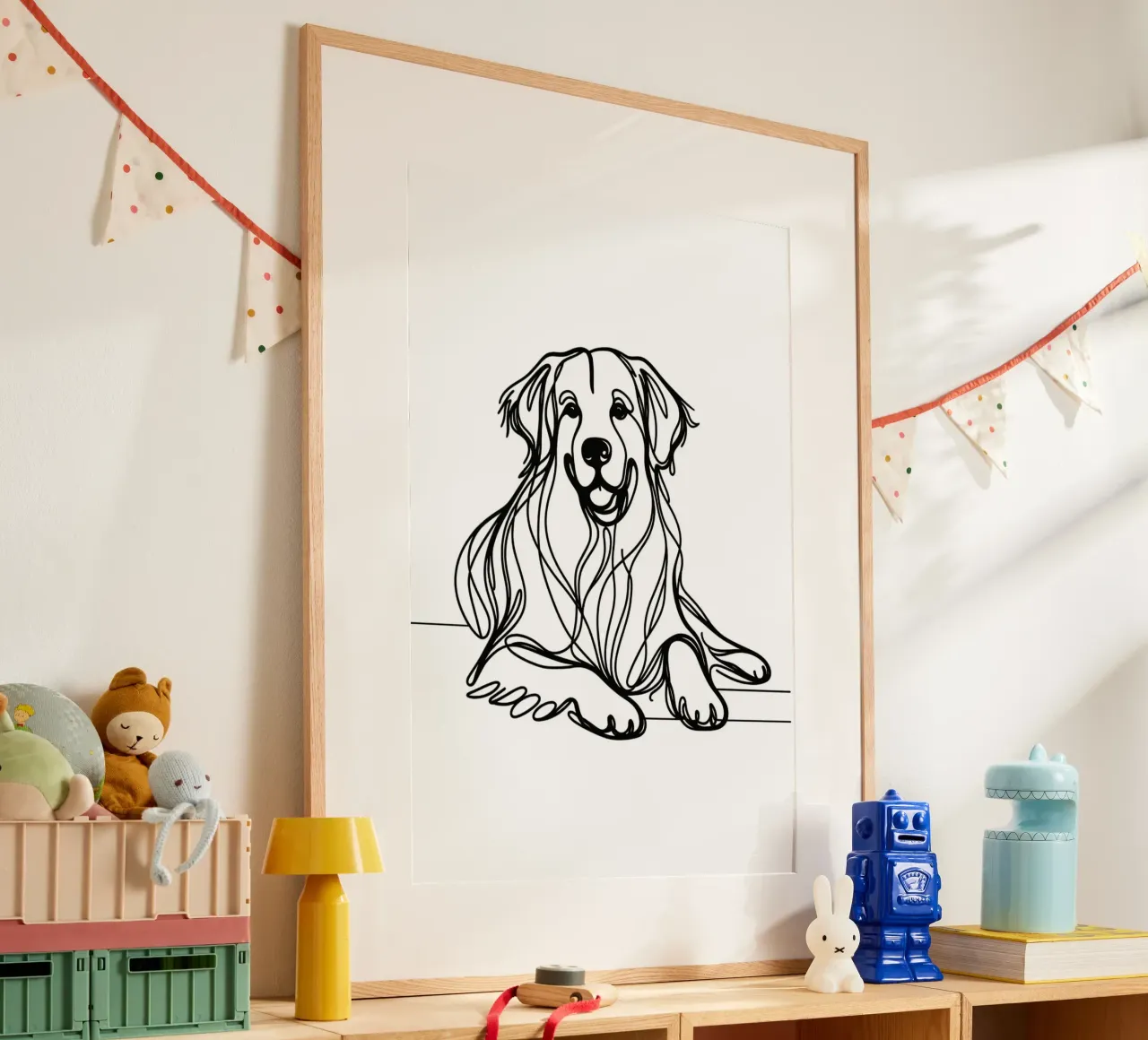 Disegno artistico lineare del cane Golden Retriever poster con telaio in legno da WijdevenDesign