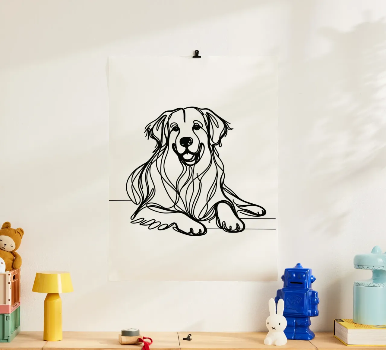 Disegno artistico lineare del cane Golden Retriever poster con telaio in legno da WijdevenDesign
