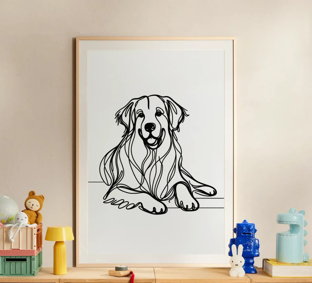 Disegno artistico lineare del cane Golden Retriever poster con telaio in legno da WijdevenDesign