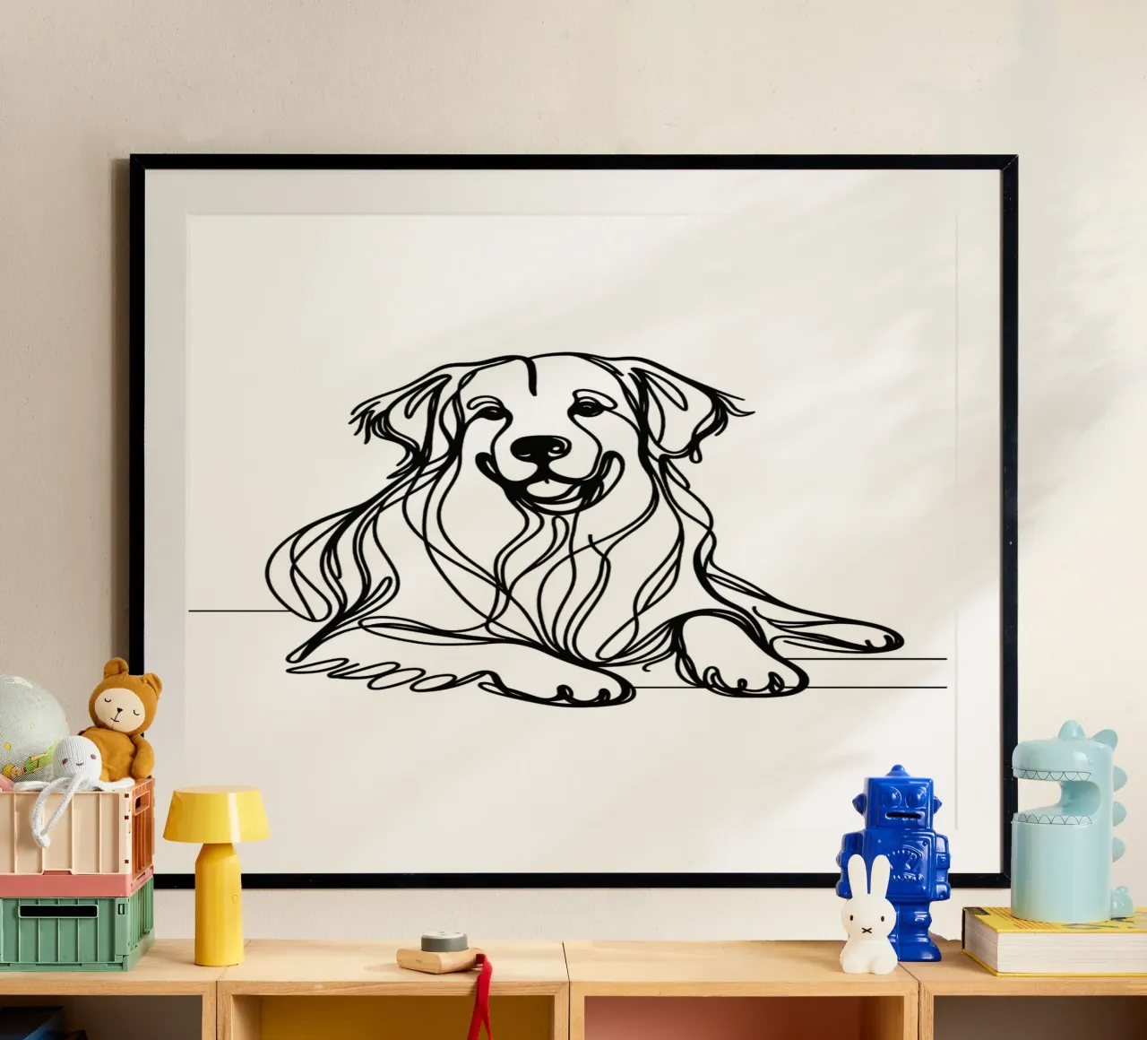 Disegno artistico lineare del cane Golden Retriever poster con telaio in legno da WijdevenDesign
