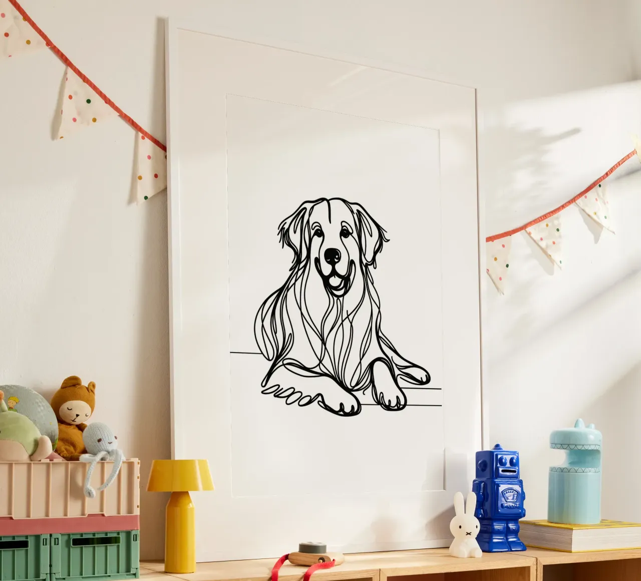 Disegno artistico lineare del cane Golden Retriever poster con telaio in legno da WijdevenDesign