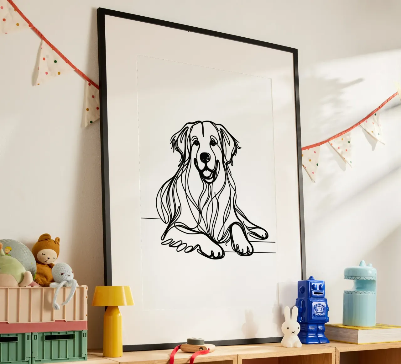 Disegno artistico lineare del cane Golden Retriever poster con telaio in legno da WijdevenDesign