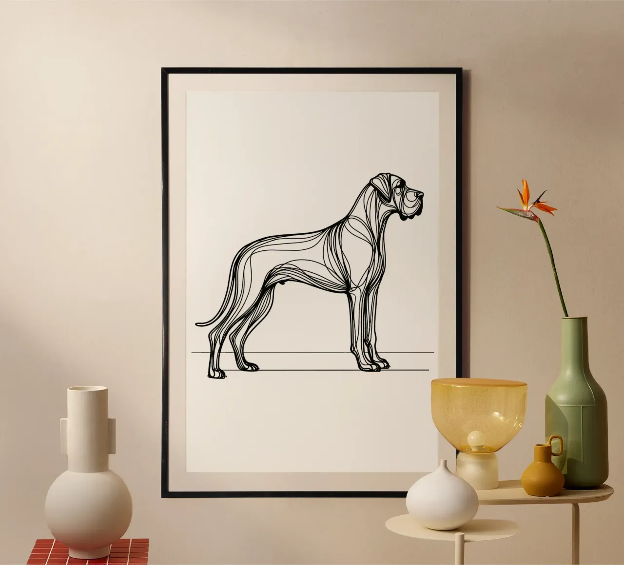 Chien dogue de Bordeaux Dessin au trait poster avec cadre en bois de WijdevenDesign