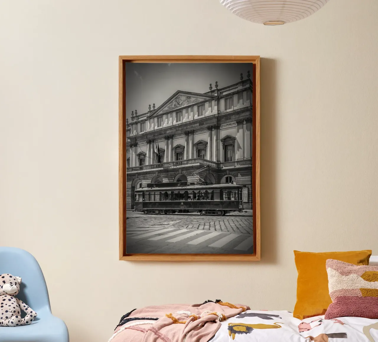 MILAN Teatro alla Scala & tram | Monochrom canvas with Floater frame by Melanie Viola