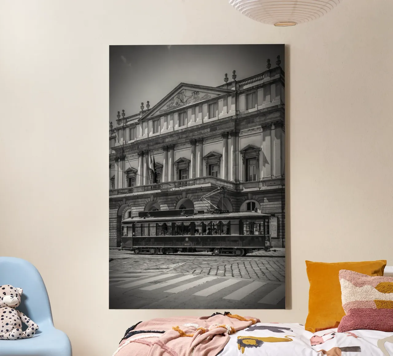 MILAN Teatro alla Scala & tram | Monochrom canvas with Floater frame by Melanie Viola