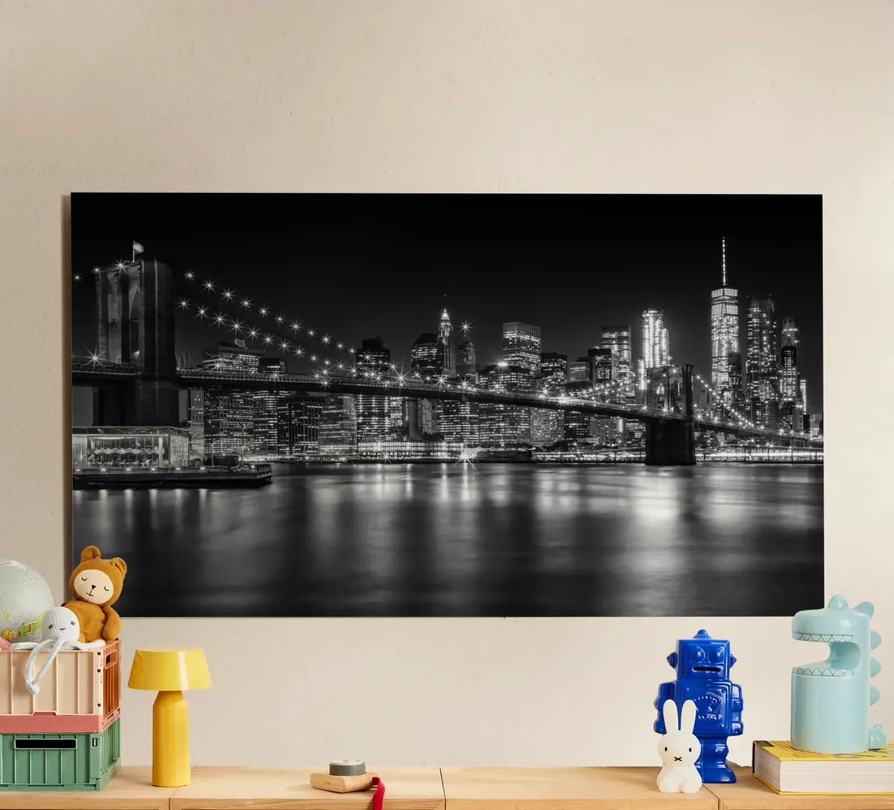 MANHATTAN SKYLINE & BROOKLYN BRIDGE Impressioni di notte alluminio dibond da Melanie Viola