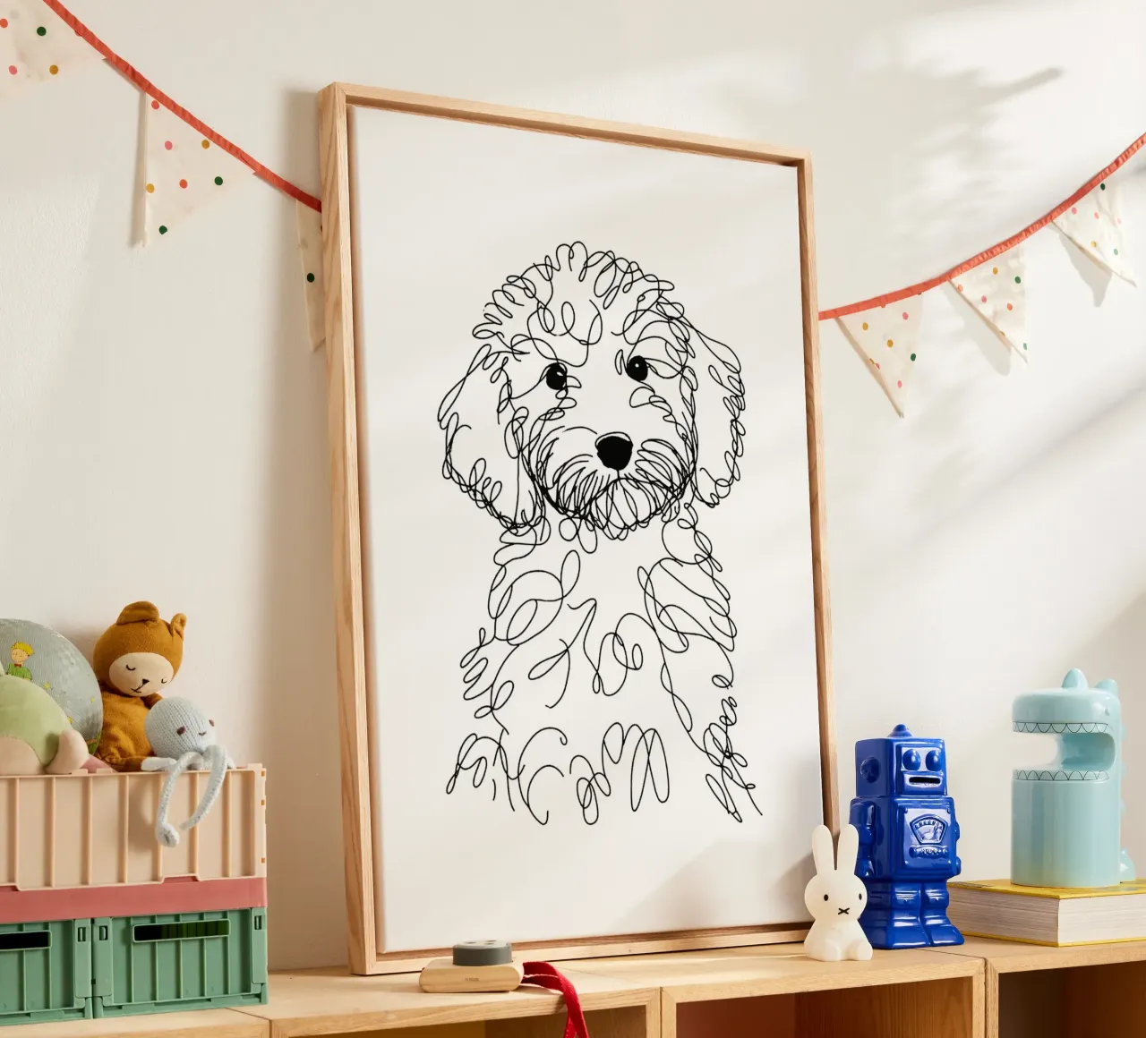 Labradoodle Puppy Dog Line Art Drawing canvas with Floater frame by WijdevenDesign