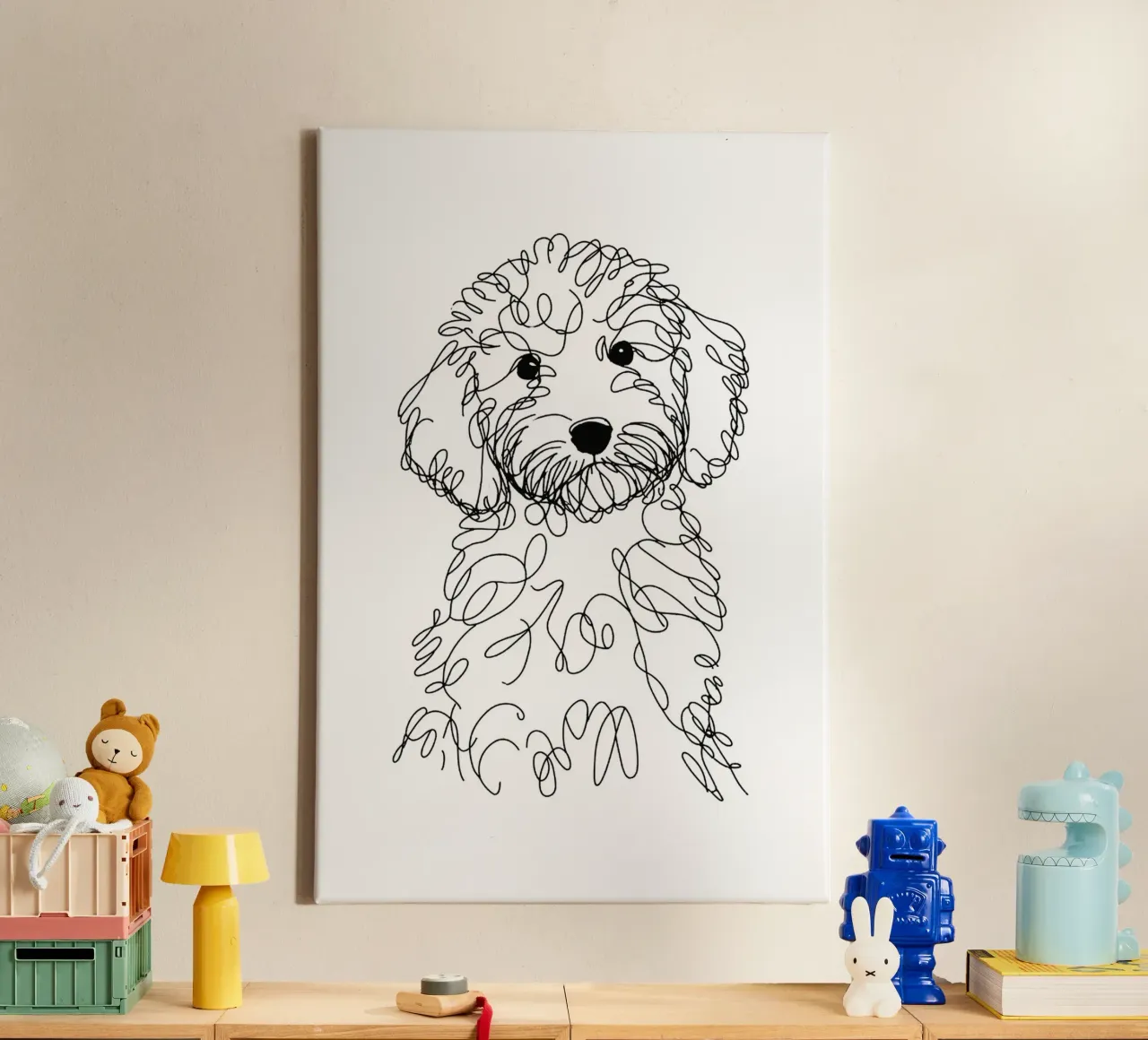 Labradoodle Puppy Dog Line Art Drawing canvas with Floater frame by WijdevenDesign