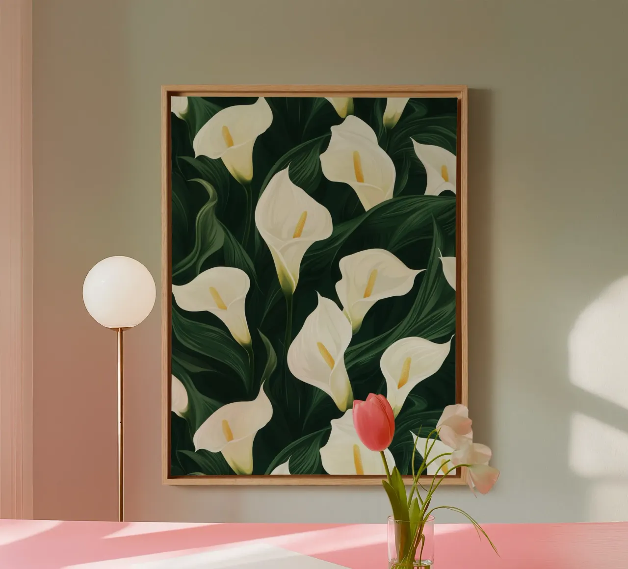 Witte aronskelken in de wind | Botanische luxe canvas met Baklijst van Autofocus
