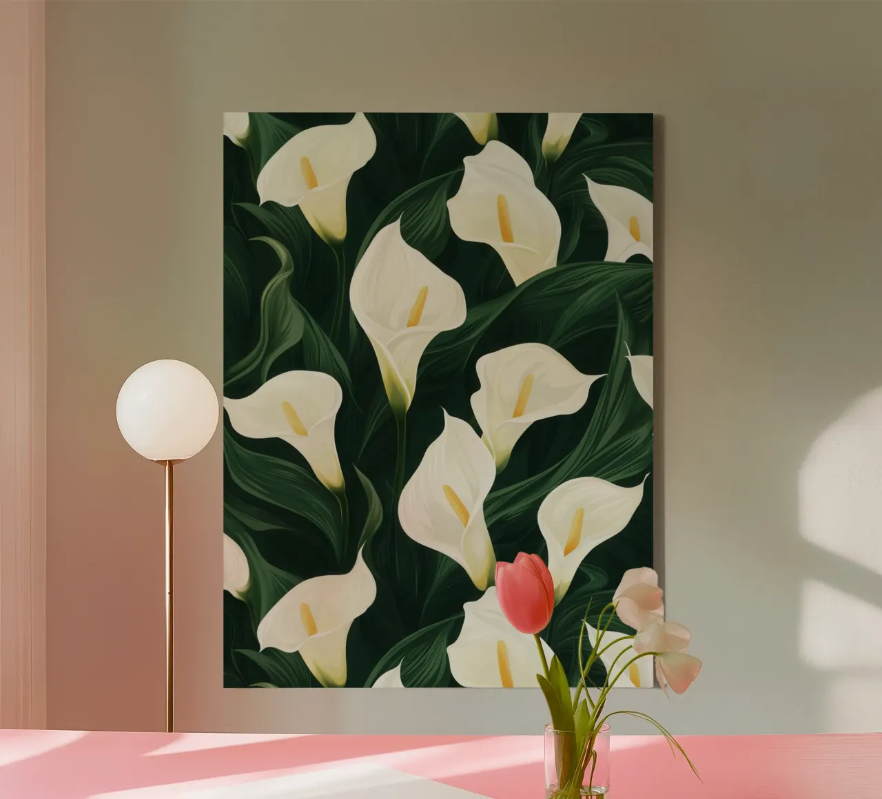 Witte aronskelken in de wind | Botanische luxe canvas met Baklijst van Autofocus