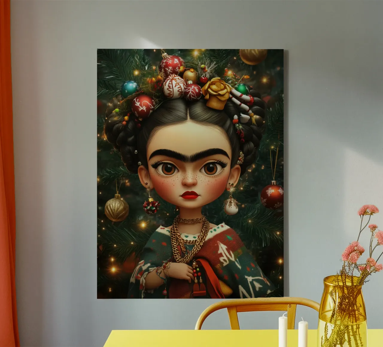 Frida Kahlo Puppe zu Weihnachten | Alternative Barbie Leinwand mit Schattenfugenrahmen von Autofocus