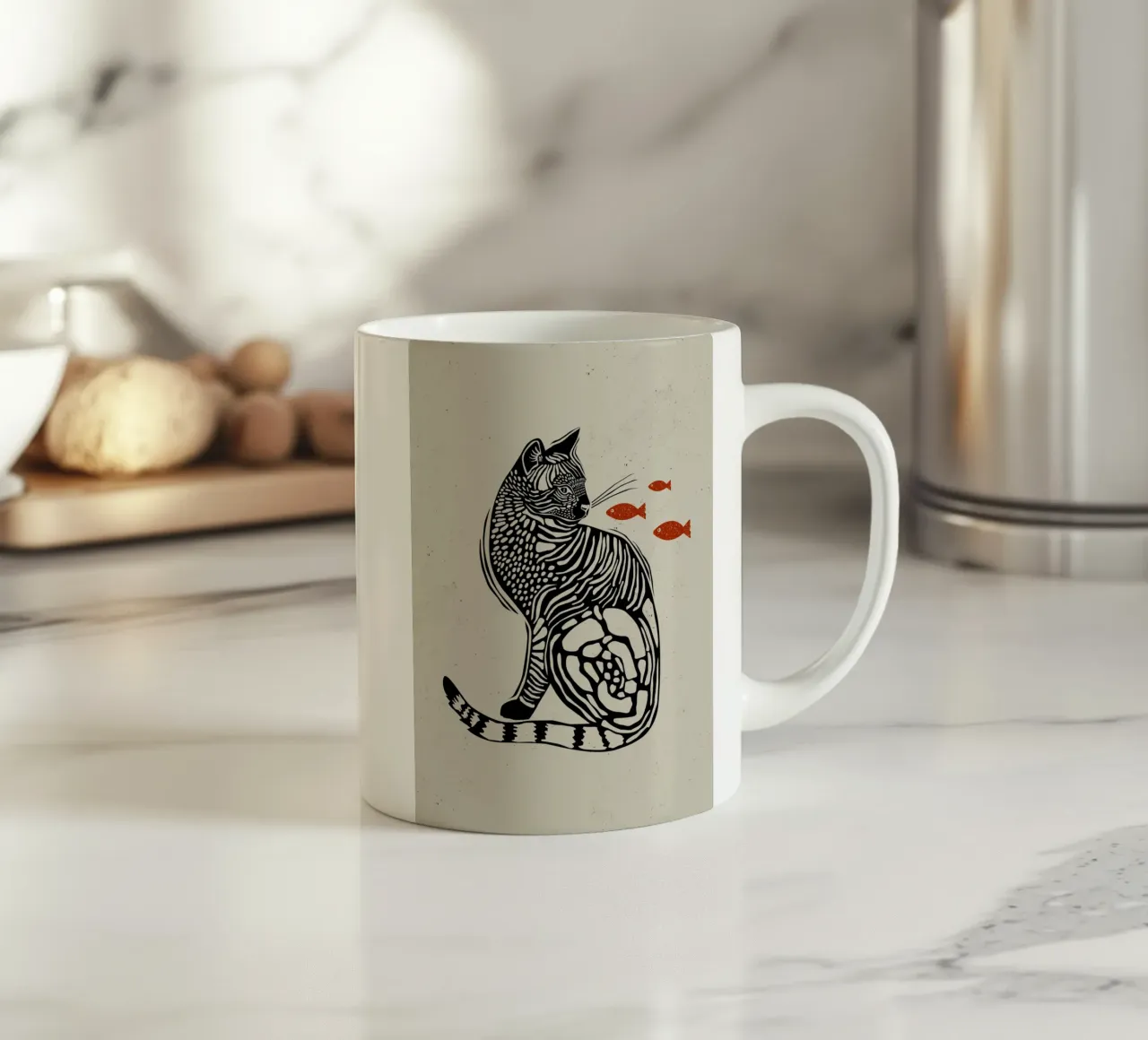 Gatto con pesce tazza in ceramica da Indigo Rain