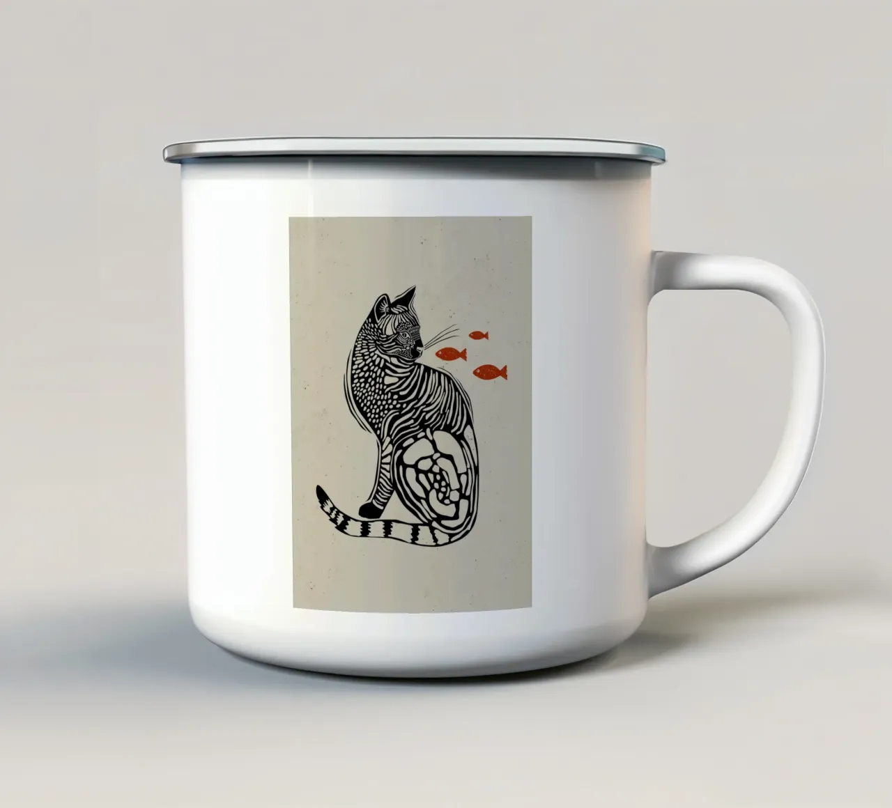 Gatto con pesce tazza in smalto da Indigo Rain