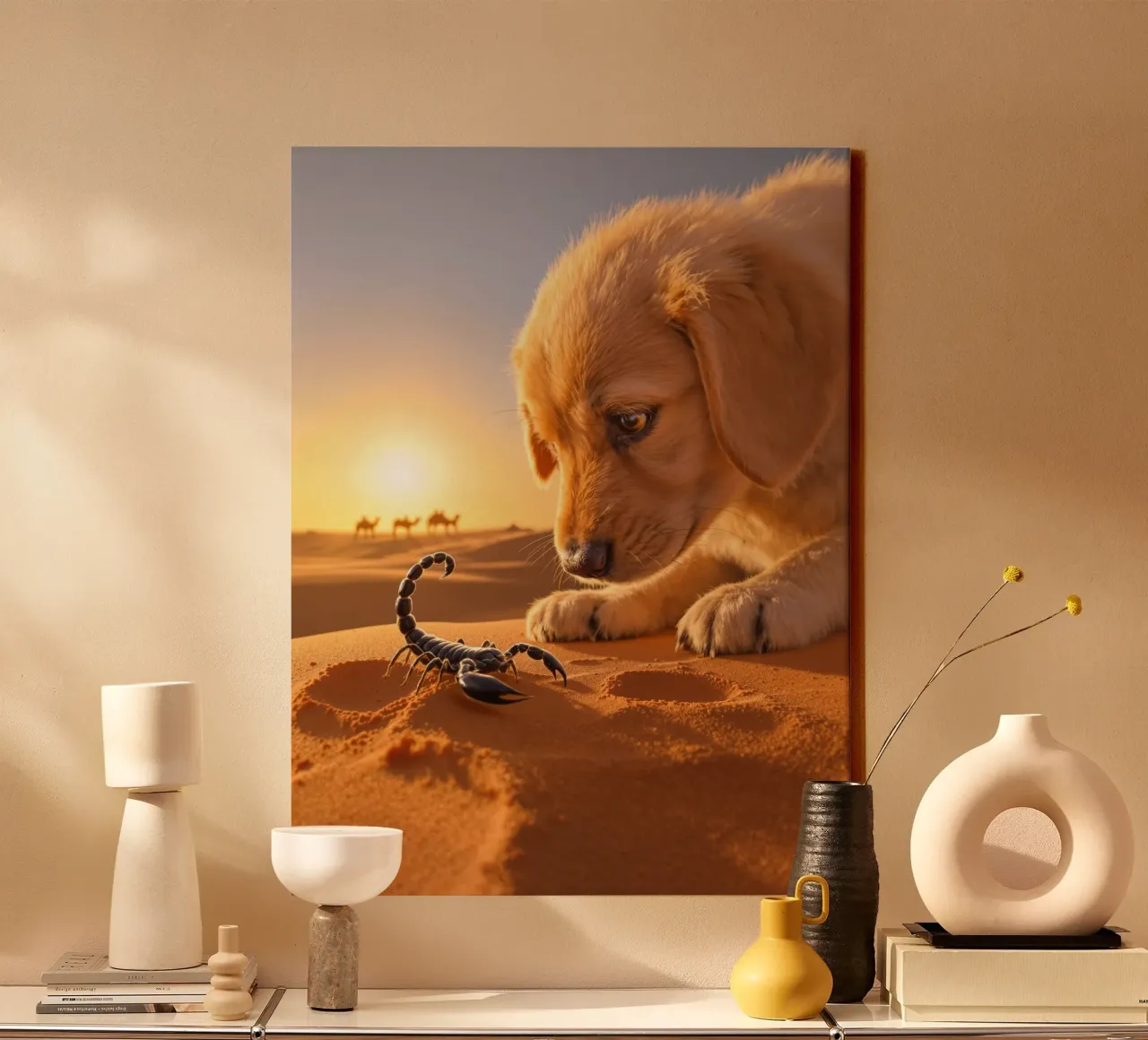 De puppy en de zwarte woestijnschorpioen canvas met Baklijst van Art-Travel
