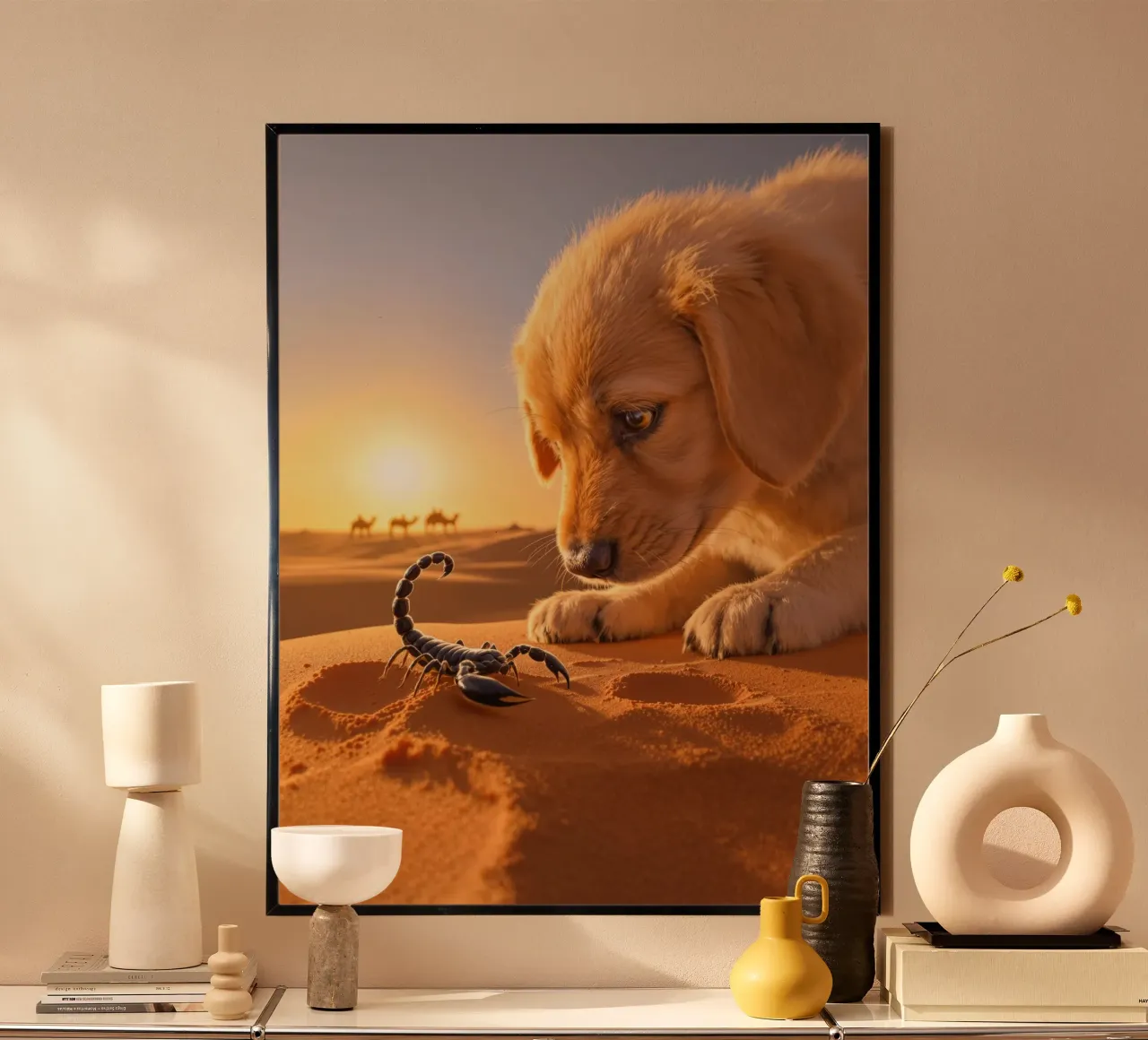 Il cucciolo e lo scorpione nero del deserto poster con telaio in plastica da Art-Travel
