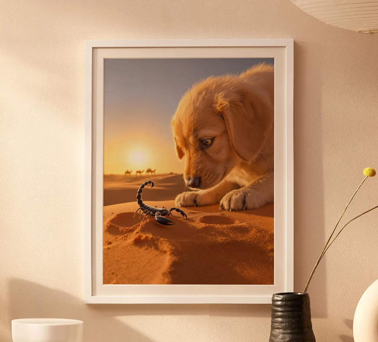 Il cucciolo e lo scorpione nero del deserto poster con telaio in plastica da Art-Travel