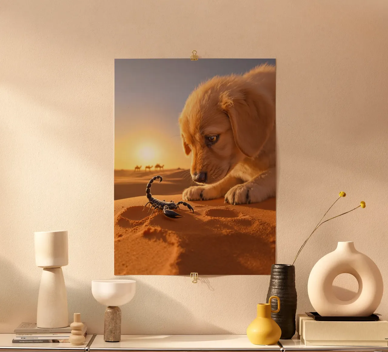 Il cucciolo e lo scorpione nero del deserto poster con telaio in plastica da Art-Travel