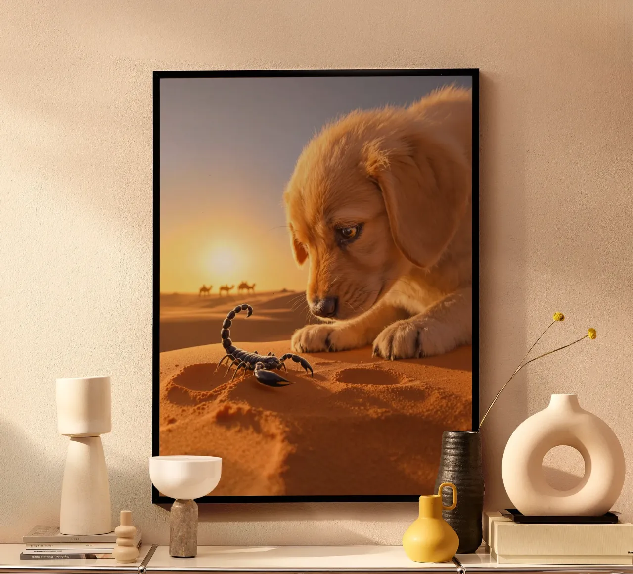 Il cucciolo e lo scorpione nero del deserto poster con telaio in plastica da Art-Travel