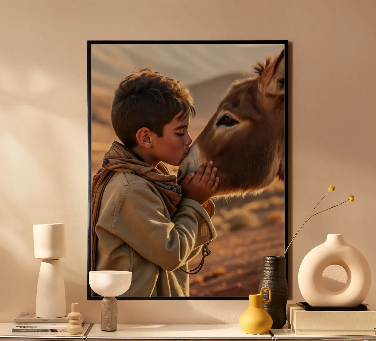 L'asino e il bambino poster con telaio in legno da Art-Travel