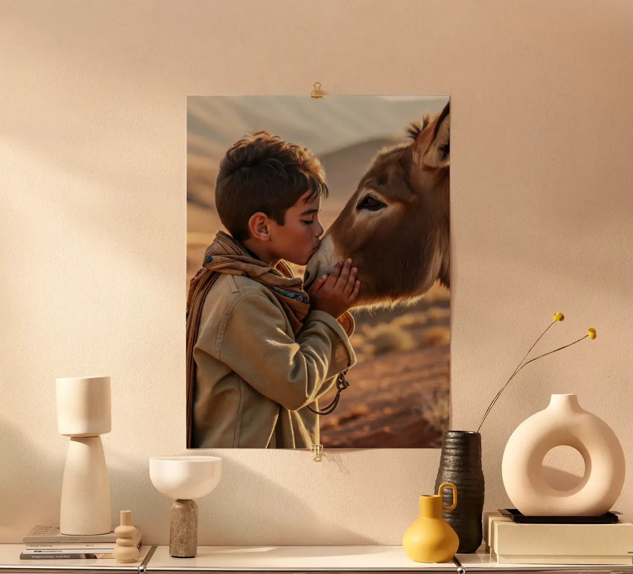 L'asino e il bambino poster con telaio in legno da Art-Travel