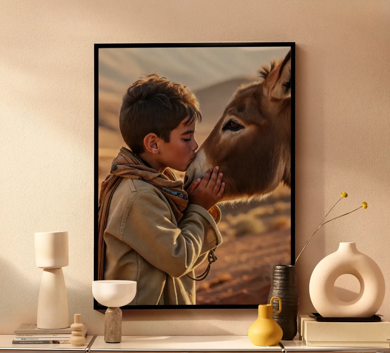 L'asino e il bambino poster con telaio in legno da Art-Travel