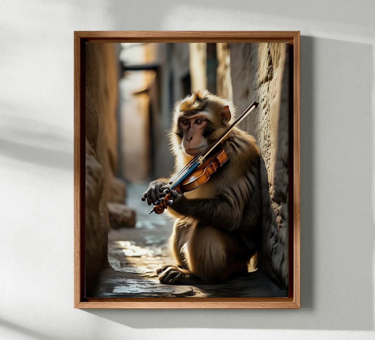 Marrakech's macaque monkey violinist canvas with Floater frame by Art-Travel