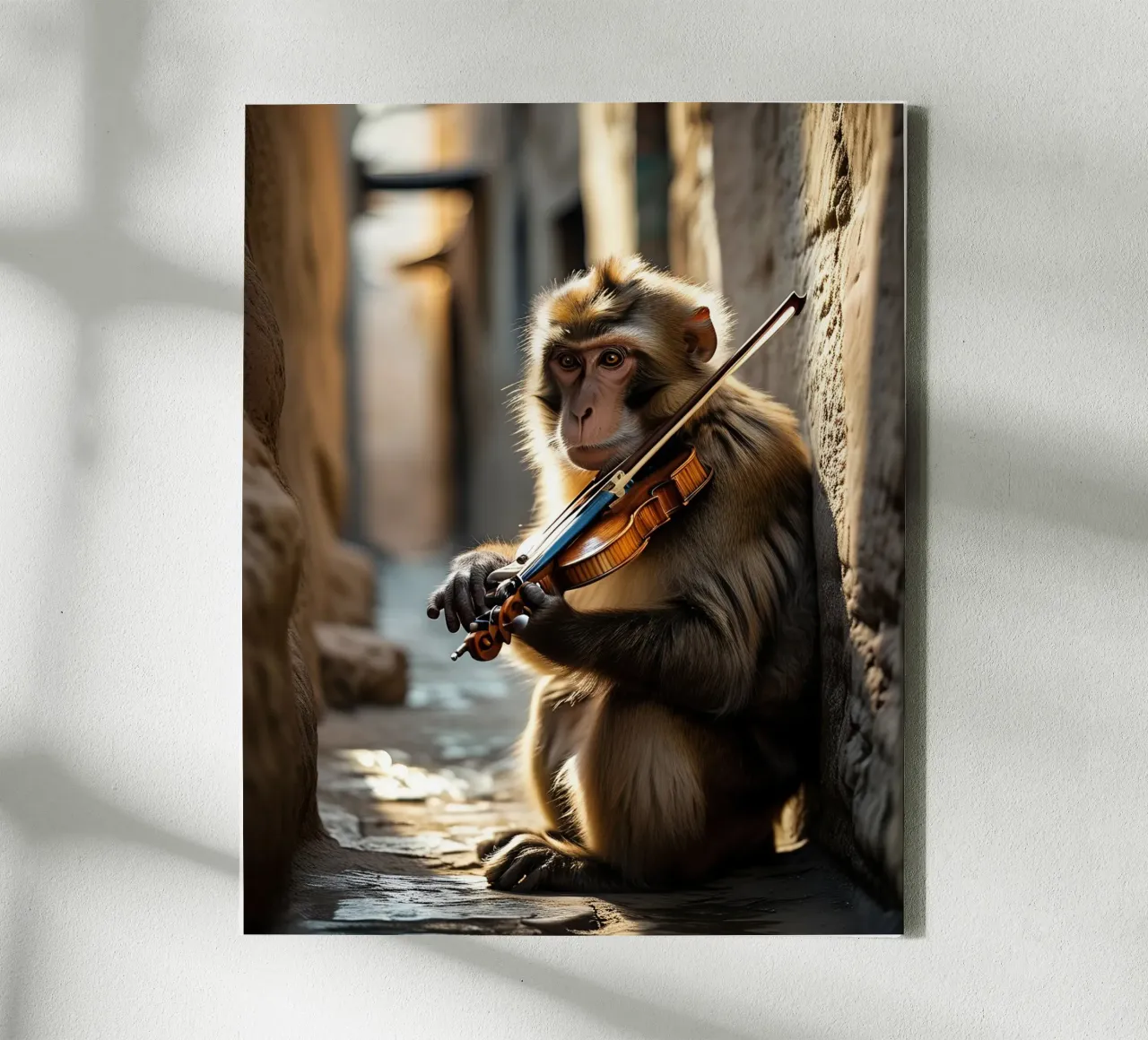 Marrakech's macaque monkey violinist canvas with Floater frame by Art-Travel