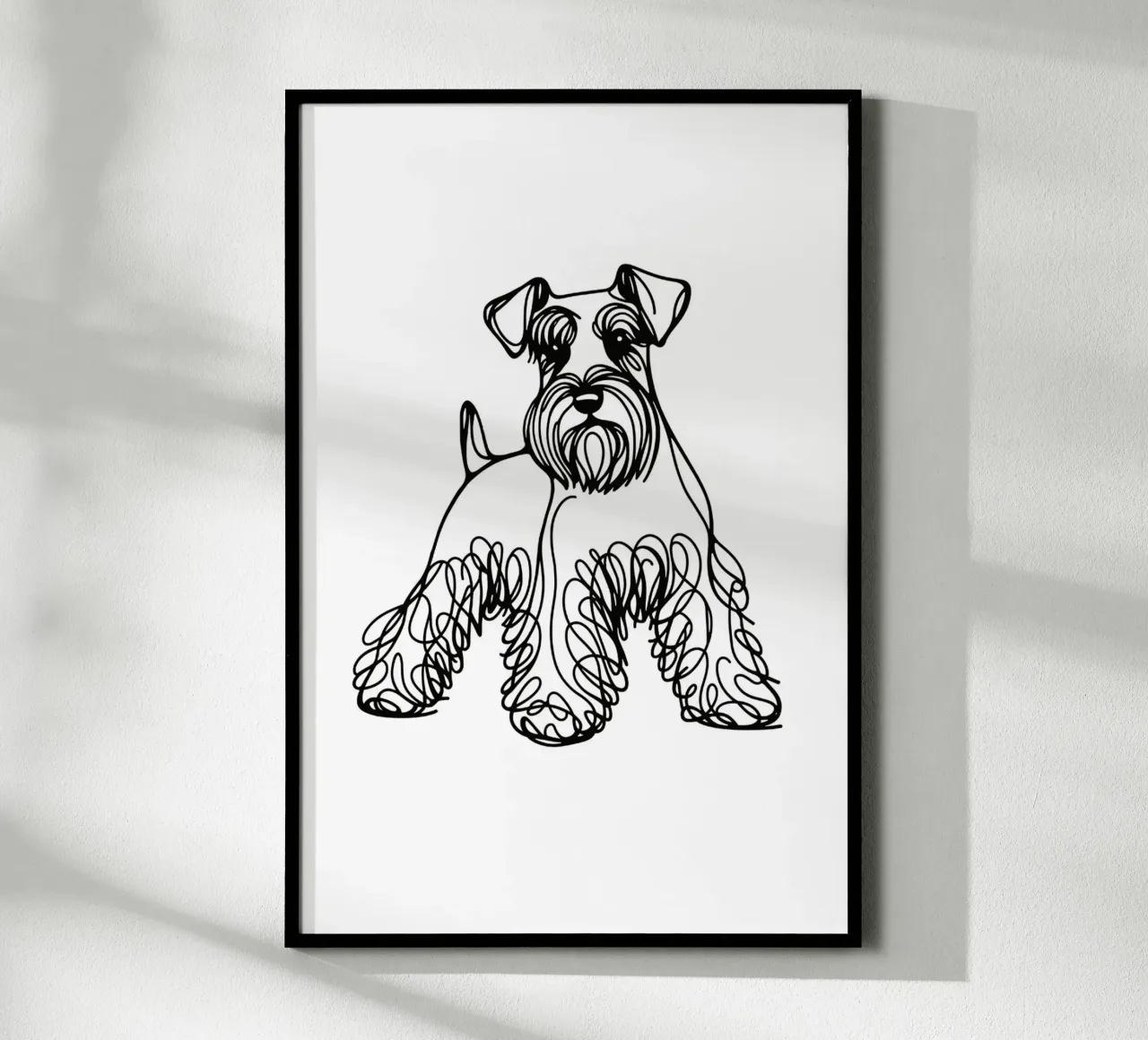 Cane Schnauzer in miniatura Disegno artistico lineare poster con telaio in legno da WijdevenDesign