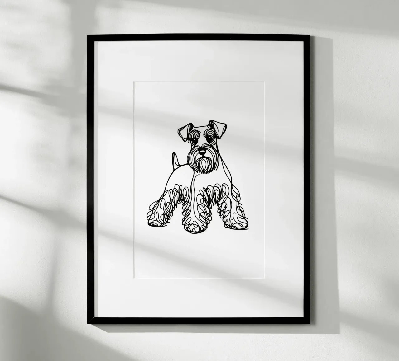 Cane Schnauzer in miniatura Disegno artistico lineare poster con telaio in legno da WijdevenDesign