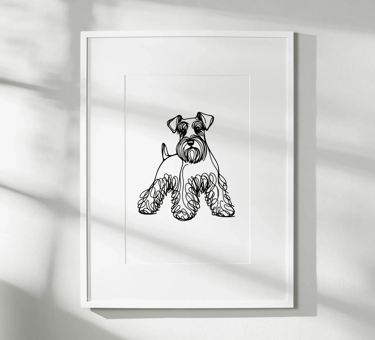 Cane Schnauzer in miniatura Disegno artistico lineare poster con telaio in legno da WijdevenDesign