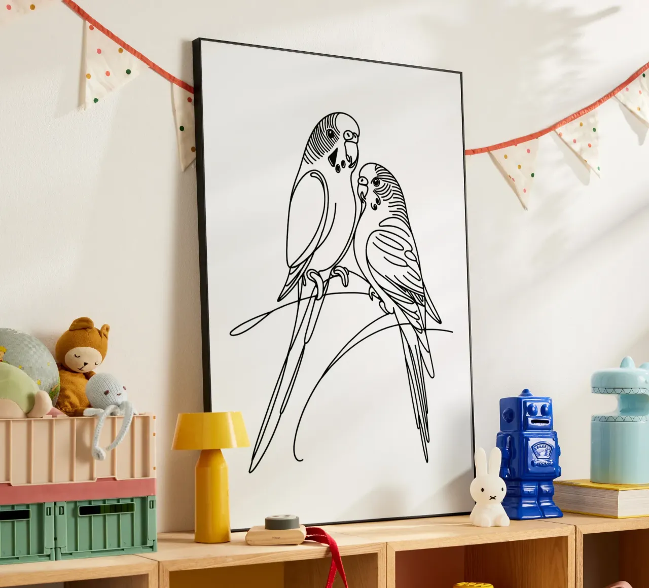 Disegno d'arte lineare di un uccello parrocchetto alluminio dibond da WijdevenDesign