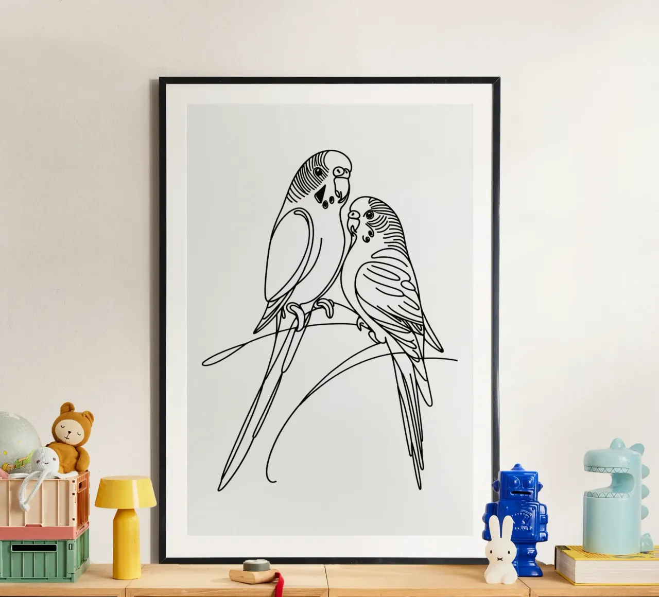 Disegno d'arte lineare di un uccello parrocchetto carta hahnemühle da WijdevenDesign