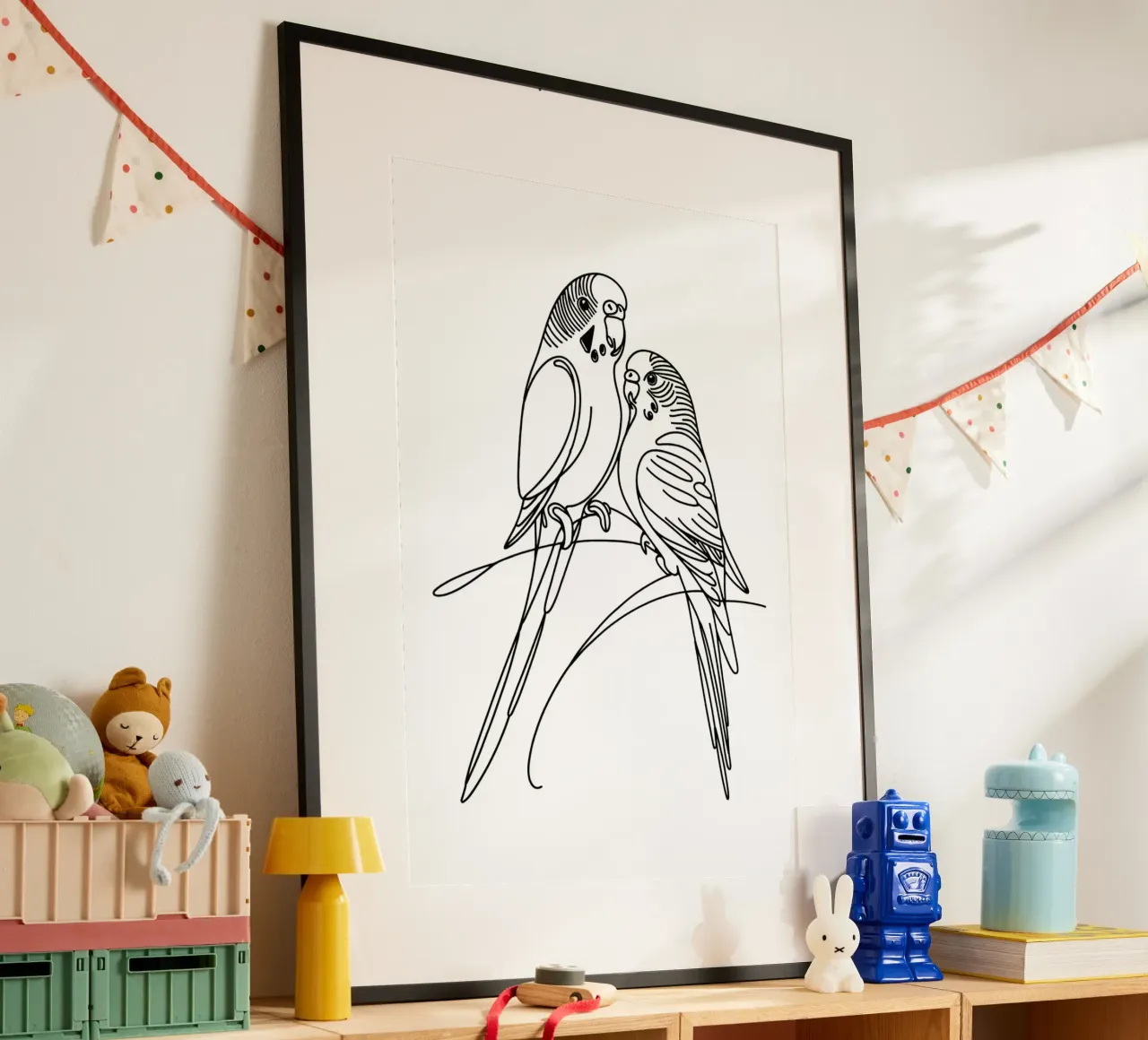 Disegno d'arte lineare di un uccello parrocchetto carta hahnemühle da WijdevenDesign